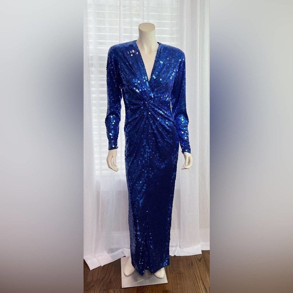 Oleg Cassini,Beautiful Shimmery Royal Blue Sequin, long sleeve Vintage Gown 10 - Picture 14 of 15